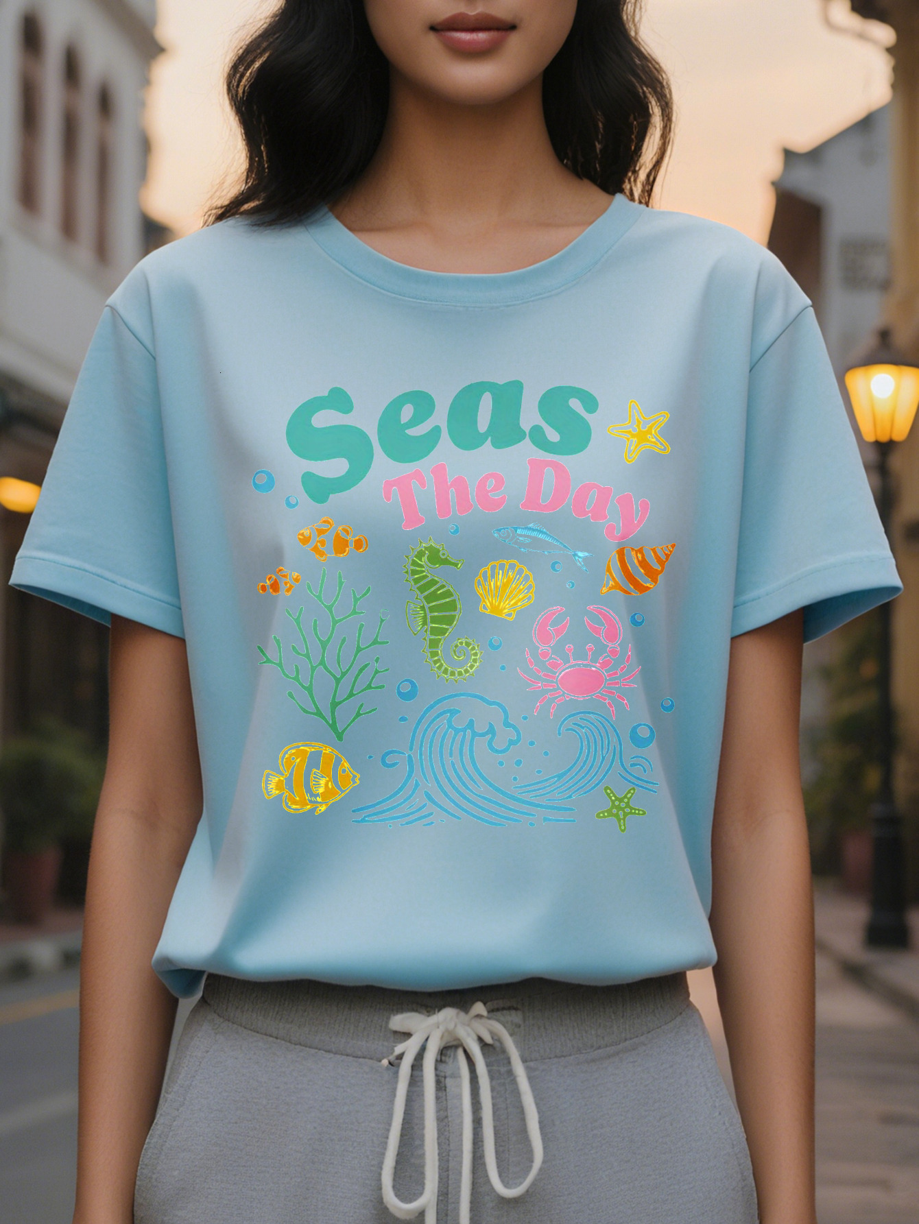 Women s White T-Shirt Ocean Life Pattern Short Sleeve Top Soft Elastic Round Neck Summer Daily Shirt Washable Beach