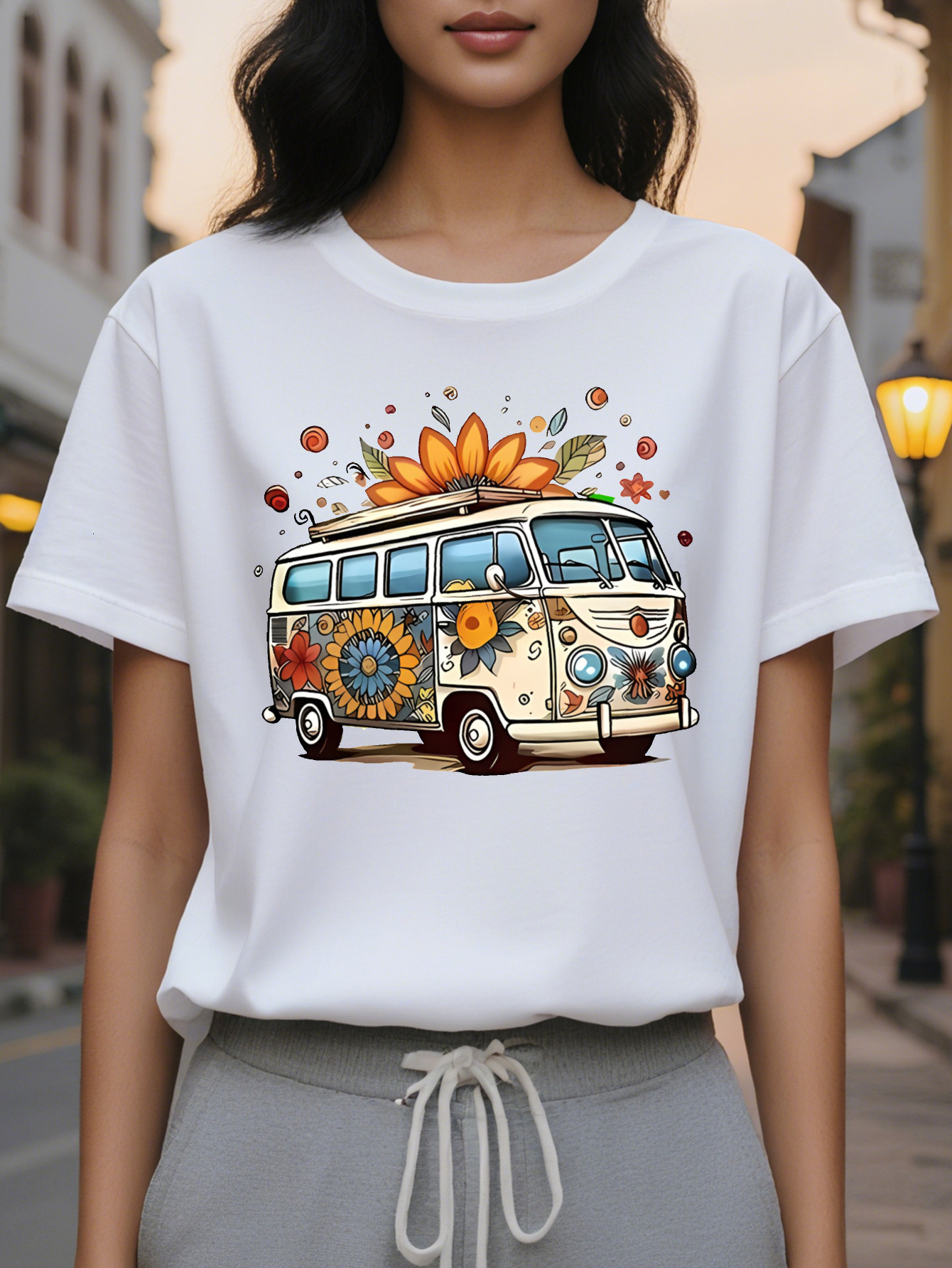 Large XL Women's Hippie Retro Bus Graphic T-Shirt Vintage Floral Peace Sign Print Soft Beige Crew Neck Short Sleeve Top Plus Size