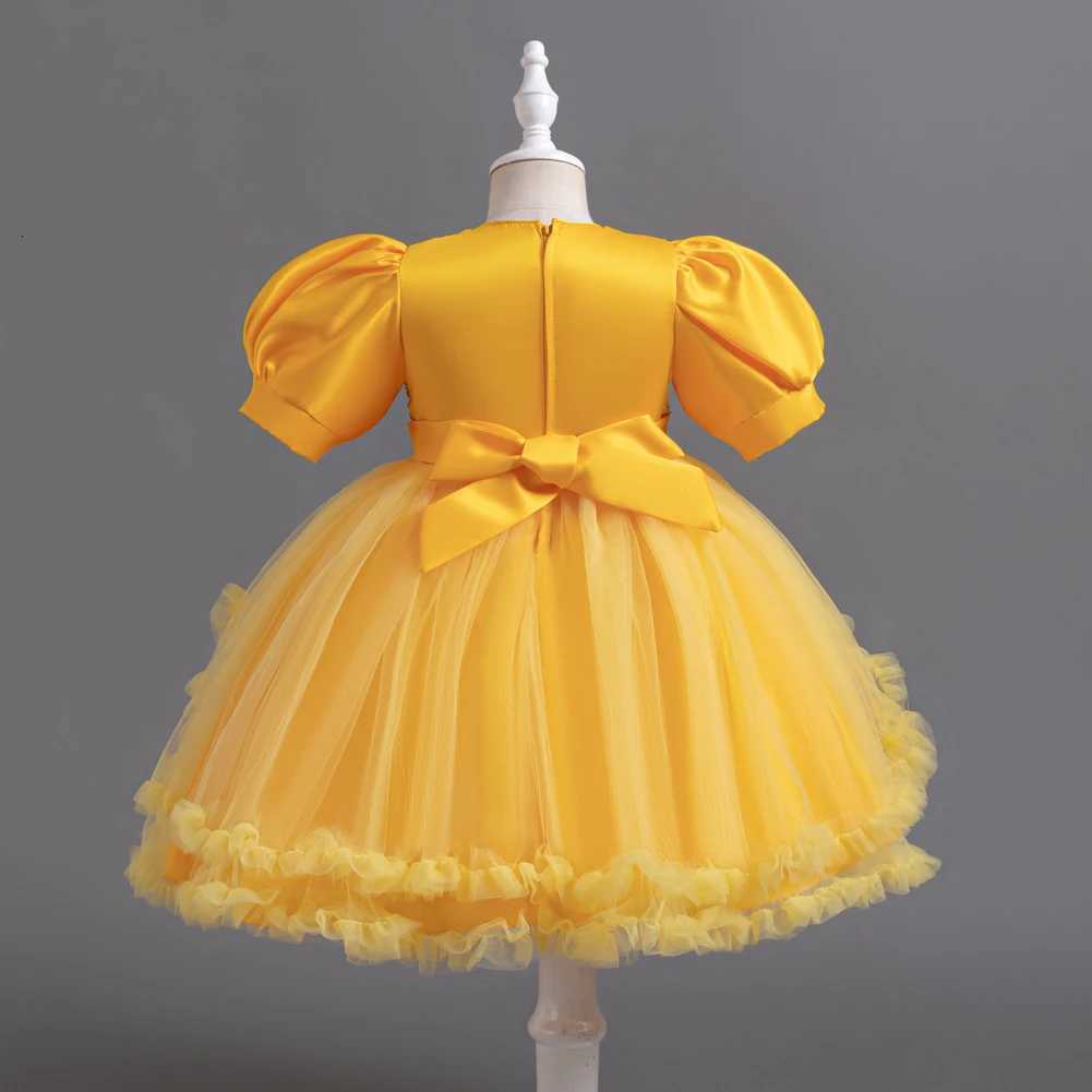Yellow Bubble Sleeves Princess Dress for Girls Sparkling Sequins Childrens Birthday Party Wear 2 to 10 Years Z250904