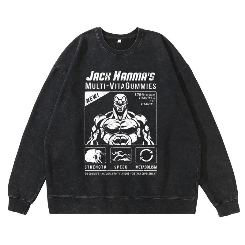 360g Heavyweight Pre-Washed Distressed Jack Hanma Anime-Inspired American Vintage Crewneck Cotton Sweatshirt - TT8343
