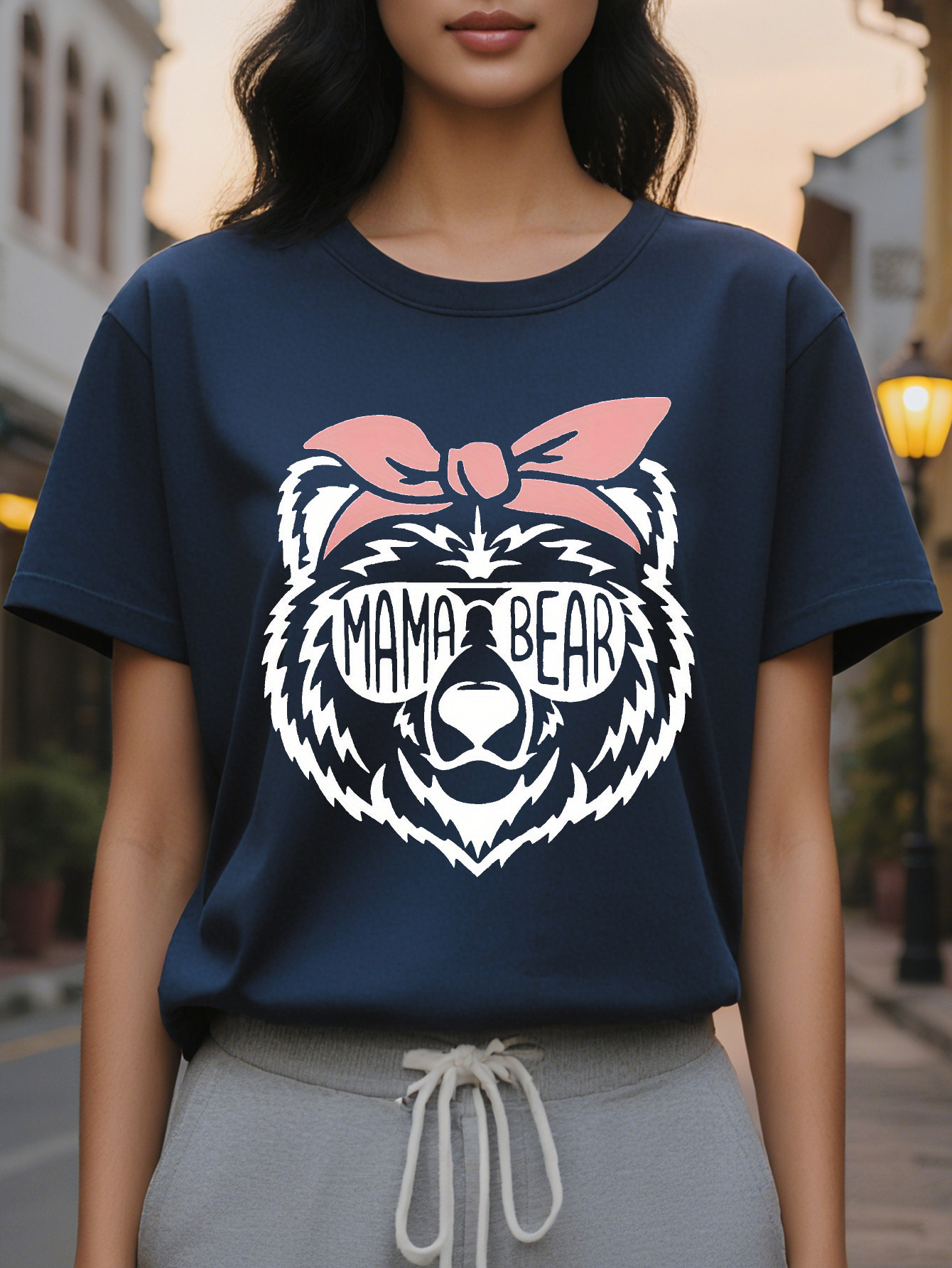 Women Mom Bear Pattern Vest Black Sleeveless Casual with Pink Bow White Letters Perfect for Mother s Day Spring