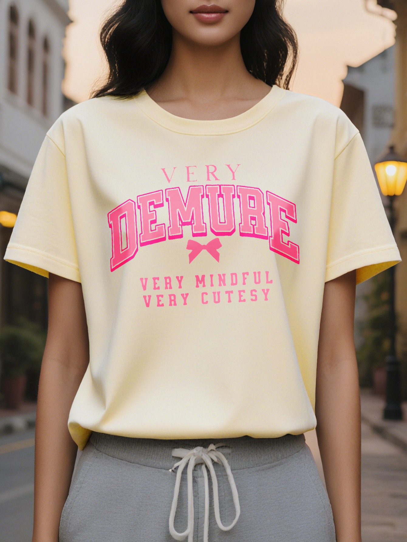 Women S Casual Short Sleeve T-Shirt Demure Very Mindful Bow Print White with Pink Lettering Round Neck Lightweight