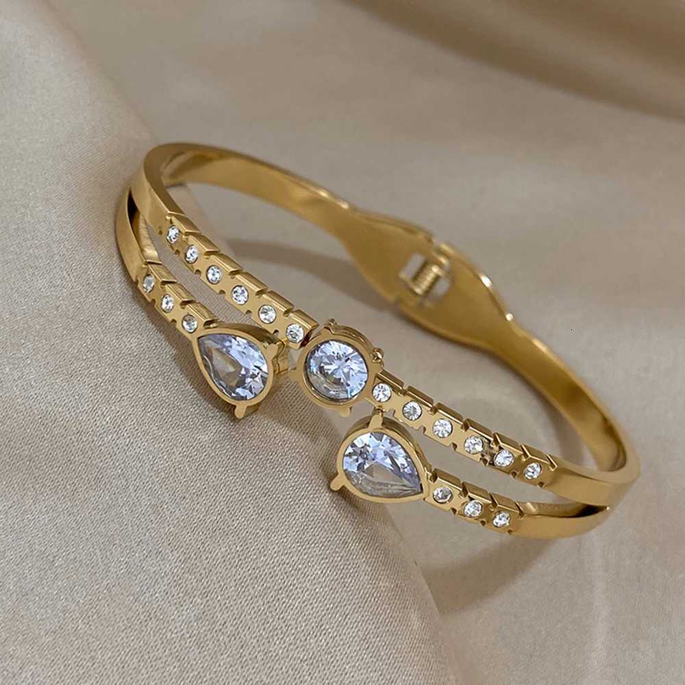 100 Stainless Steel Bracelets Luxury Shiny Gold Color Bangles Bracelets for Women Waterdrop Cubic Zirconia Bracelet Jewelry Y250904