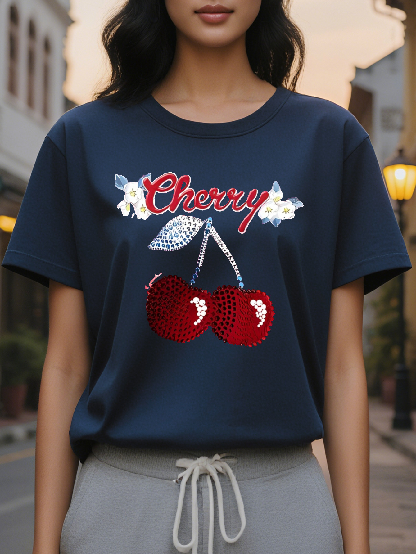 Cherry Personality Fashion Printed Round Neck Short Sleeve T-shirt Spring and Summer High-end Sense Slimming Women's