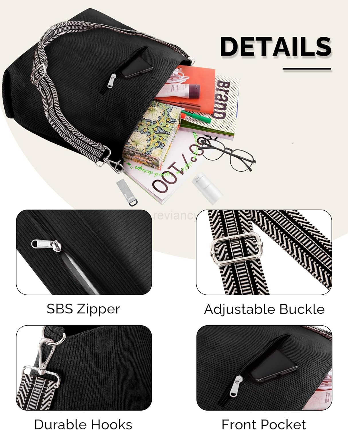 Womens Corduroy Tote Bag with Zipper Stylish Shoulder Bag with Adjustment Straps for Work Travel Daily UseW250904