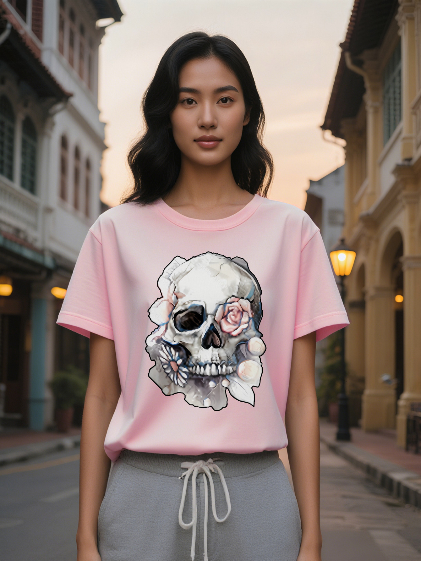Casual Crew Neck T-Shirt with Intricate Floral Skull Print Soft Pure Cotton Short Sleeve Black Perfect Gift for