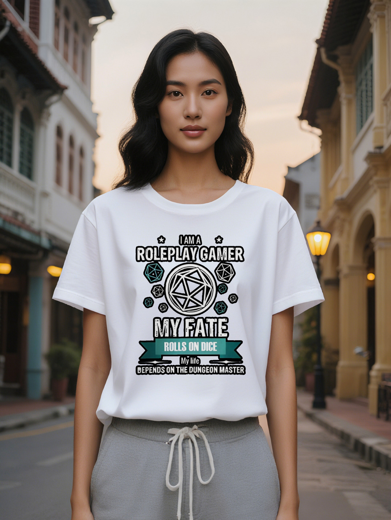 Lady Crew Neck T-Shirt with I AM A ROLEPLAY GAMER Dice Print Perfect for Gamers Gifts Wear Casual Summer D