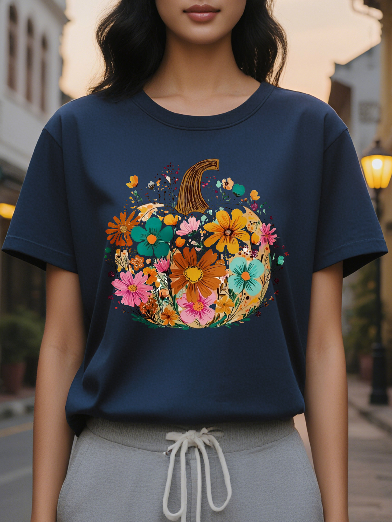 T Shirt Beige Background with Floral Pumpkin Soft Neck Casual Everyday Party Top for Autumn Year Round Wear