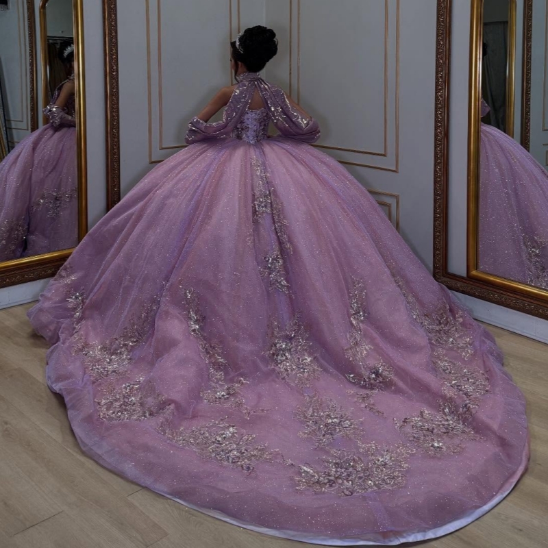 Lilac Shiny Princess Off the Shoulder Sweet 16 Dress Quinceanera Dresses Applique Lace Beads Tull Party Birthday Vestidos 15 De Anos