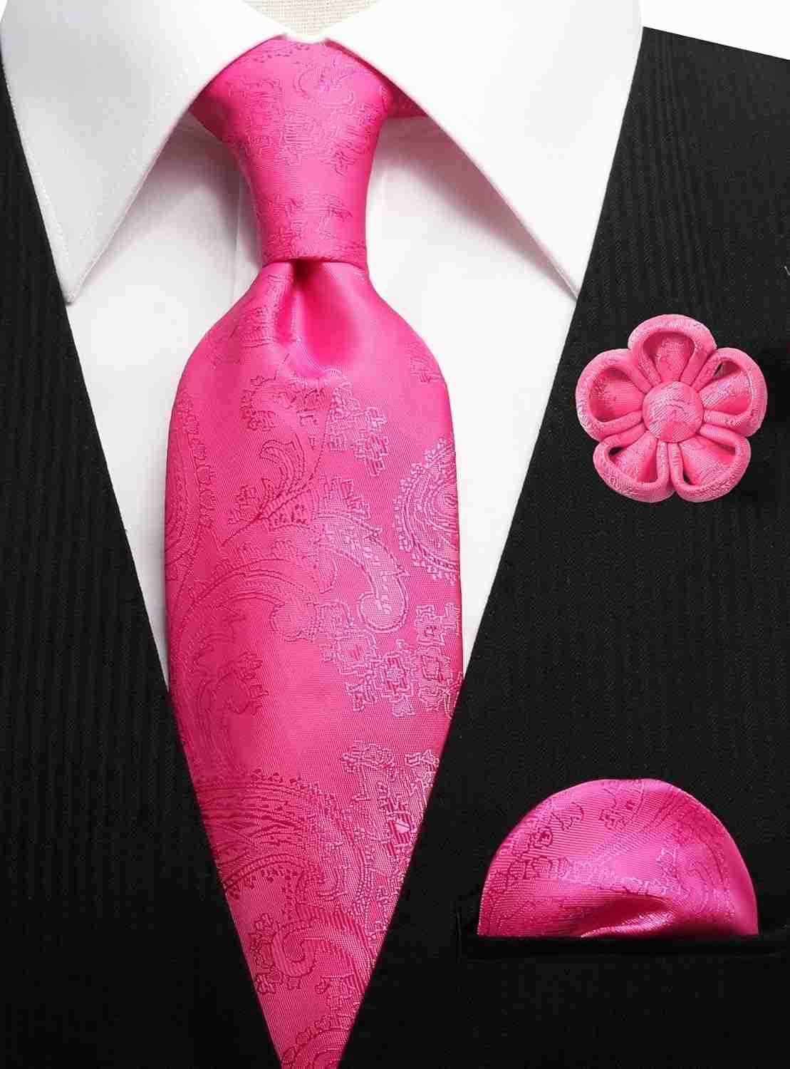 Tie Light Grey Ties for Men Paisley Neckties and Pocket Squares Set with Flower Lapel Pins for WeddingsW250904