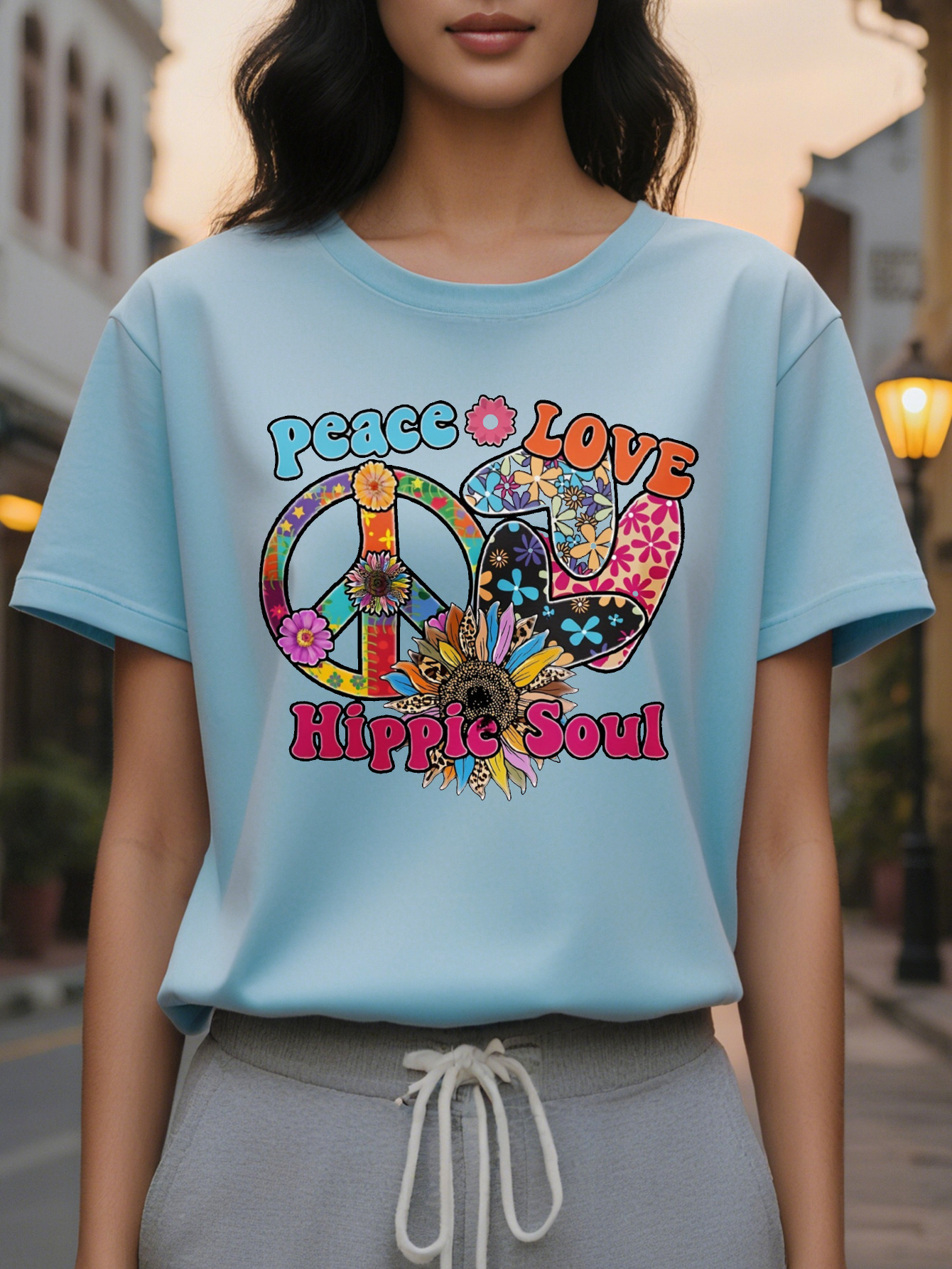 Women s Peace Love Hippie Soul T Shirt Retro Psychedelic Print Short Sleeve Round Neck Summer Casual Top, washable