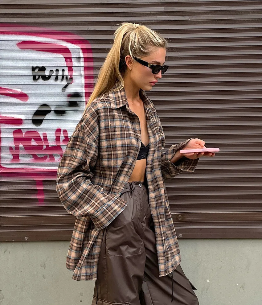 Spring Autumn Vintage Plaid Checkered Shirt Womens Long Sleeve Blouse Loose Single Breasted Casual Shirt 250903