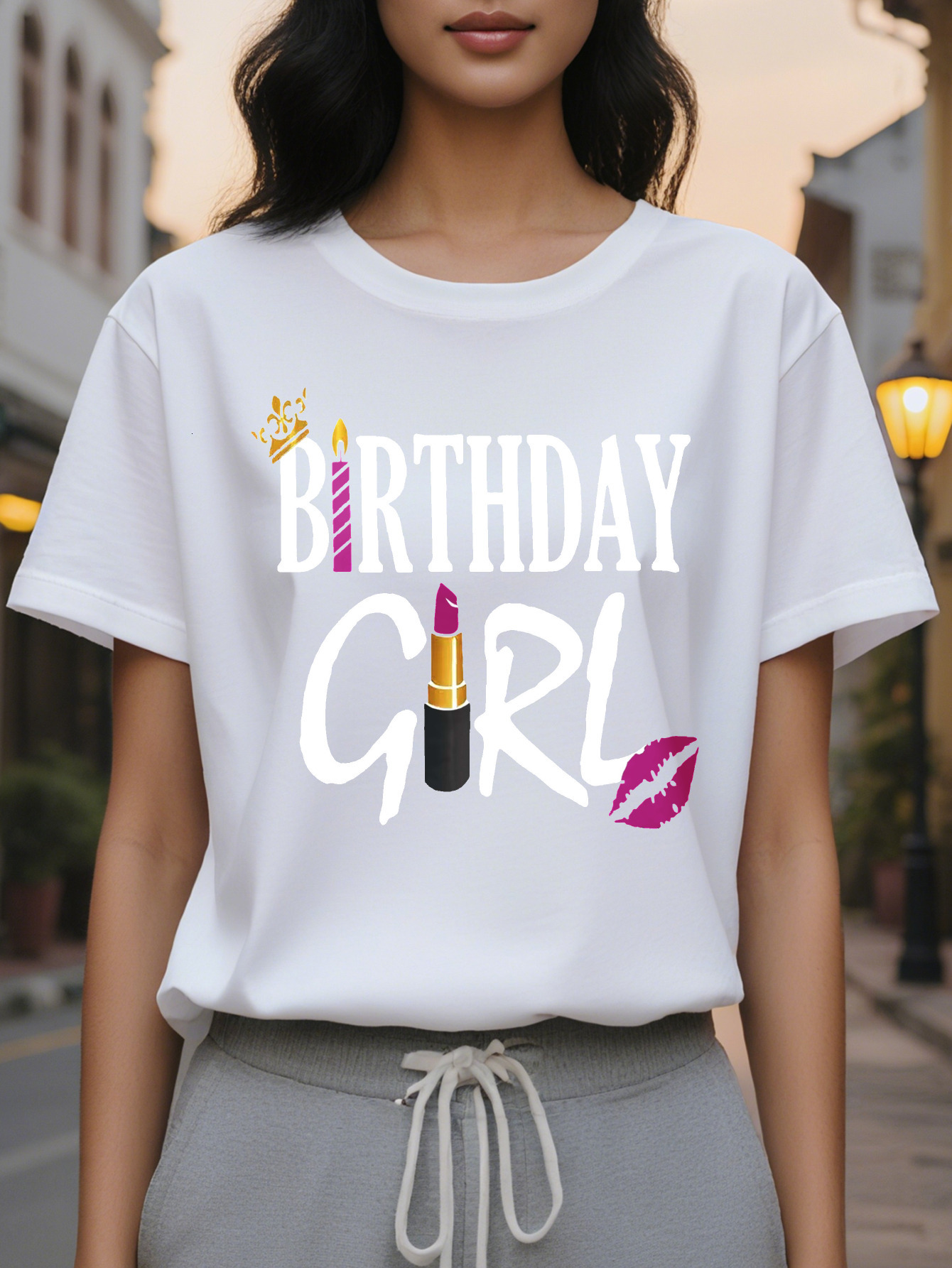 Large XL Birthday Girl Print T-Shirt Casual Short Sleeve Crew Neck Top Stylish All Season Women's Clothing Plus Size