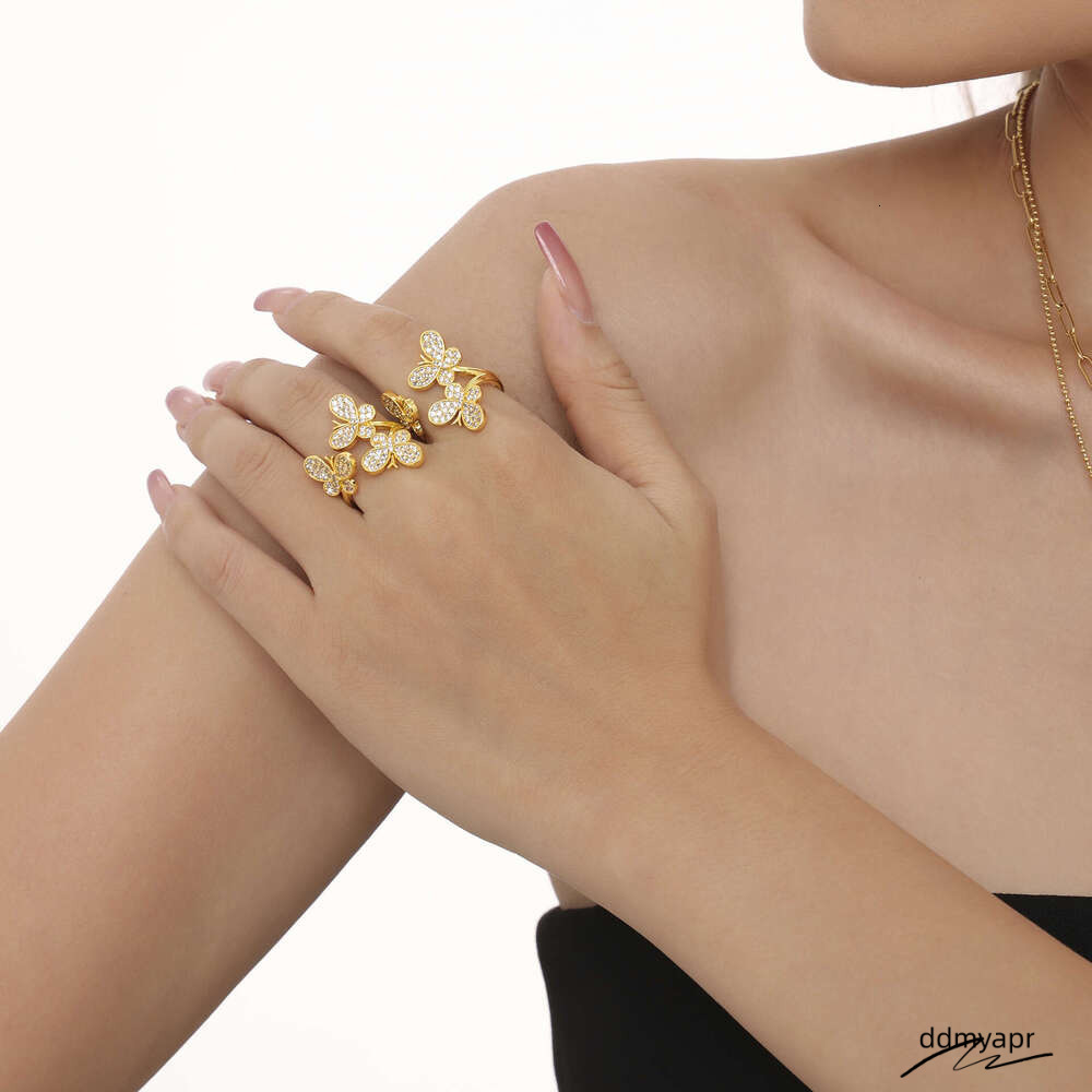 Ddmyday Gold Plated Butterfly - Open Adjustable CZ Flower Ring For Women | Dainty Bohemian Stackable Jewelry (Size 7) Ddmyday