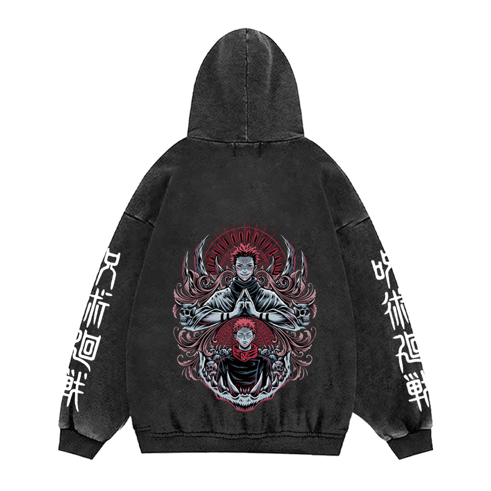 440g Heavyweight Washed Vintage Jujutsu Kaisen Print Street Retro Hoodie Streetwear Hooded Sweatshirt - VT2416