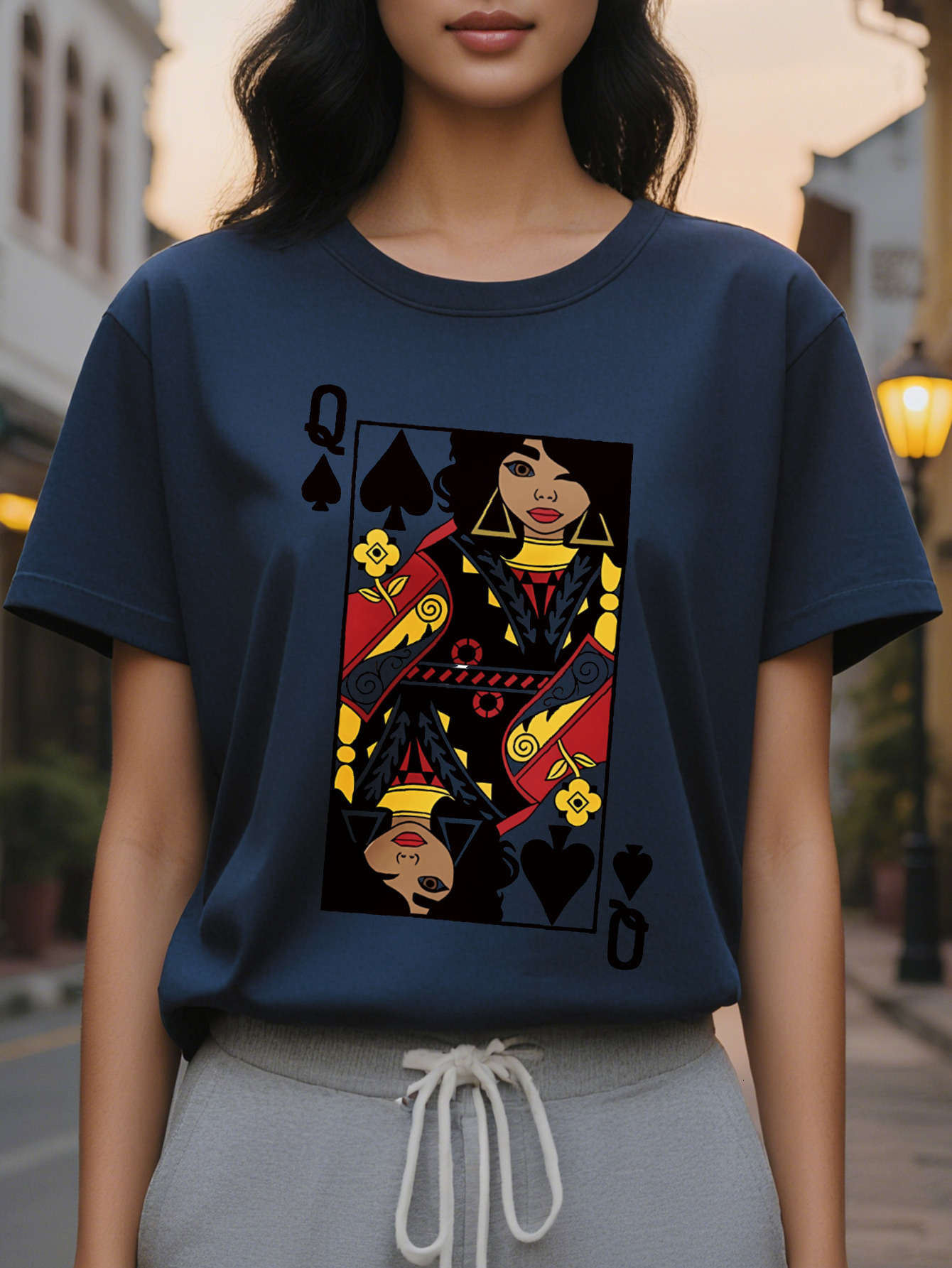 Short Sleeve Cartoon Card Q Print Crew Neck T-Shirt for Spring Summer Casual Women's Clothing