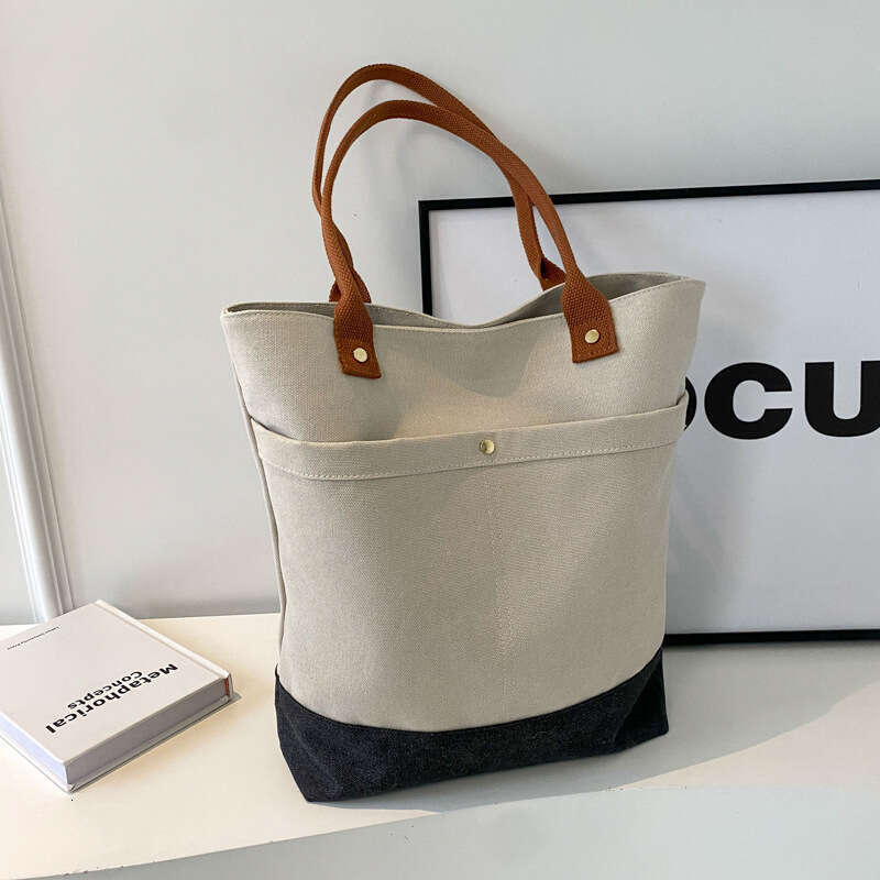 Korean Fashion Patchwork Large Capacity Thick Bucket Canvas 2025 New Style Textured Casual Versatile Shoulder Bag