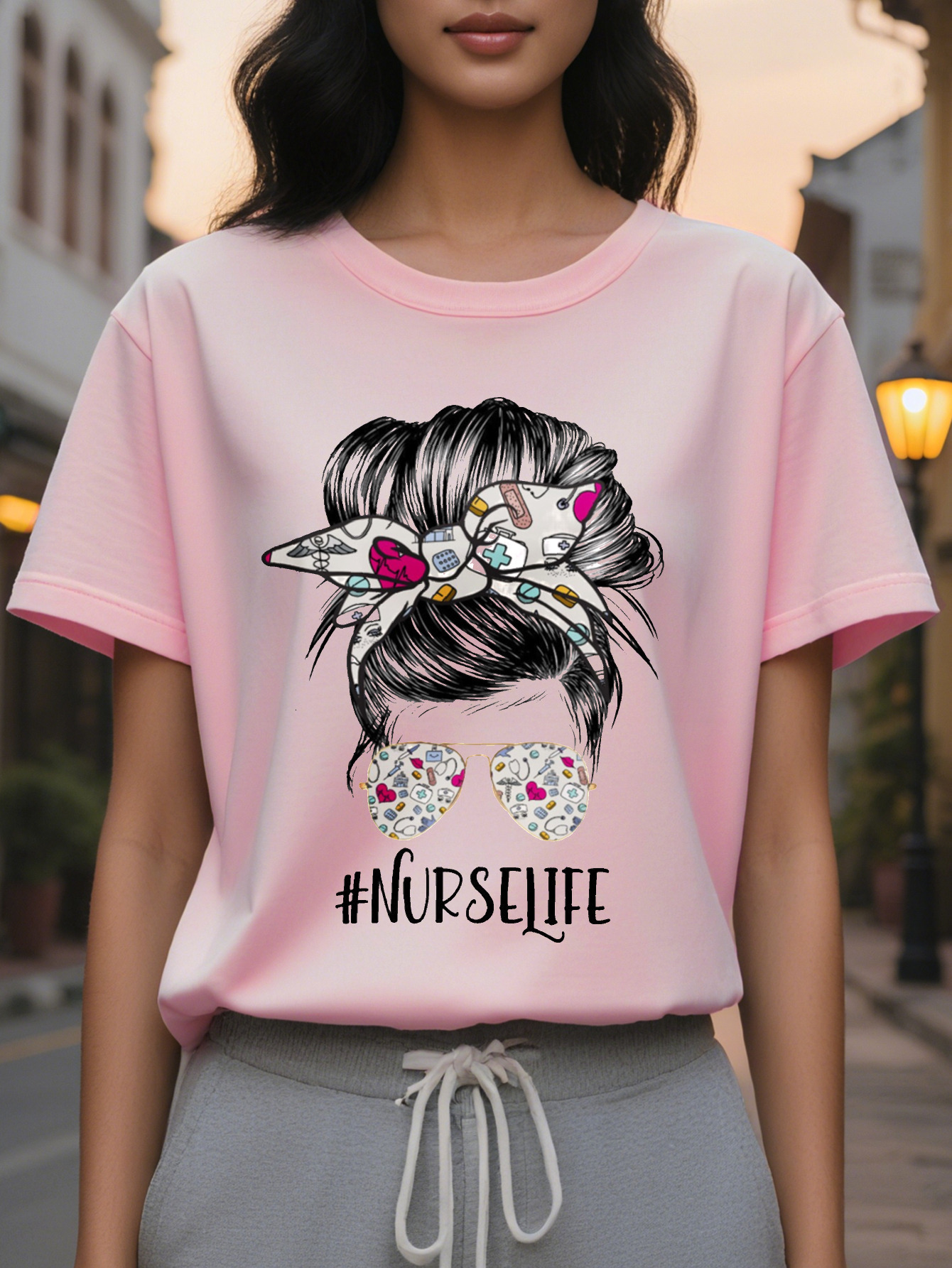 Women's nurse life pattern T-shirt cartoon stethoscope and bow design soft round neck short sleeve breathable top