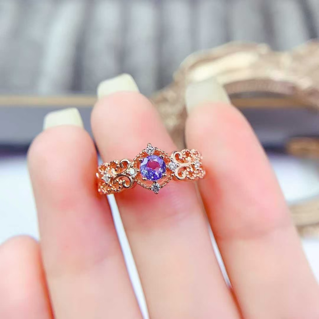 925 silver lace design ring natural tanzanite ring 4mm real tanznaite jewelry 18K gold plated sivler gemstone jewelry