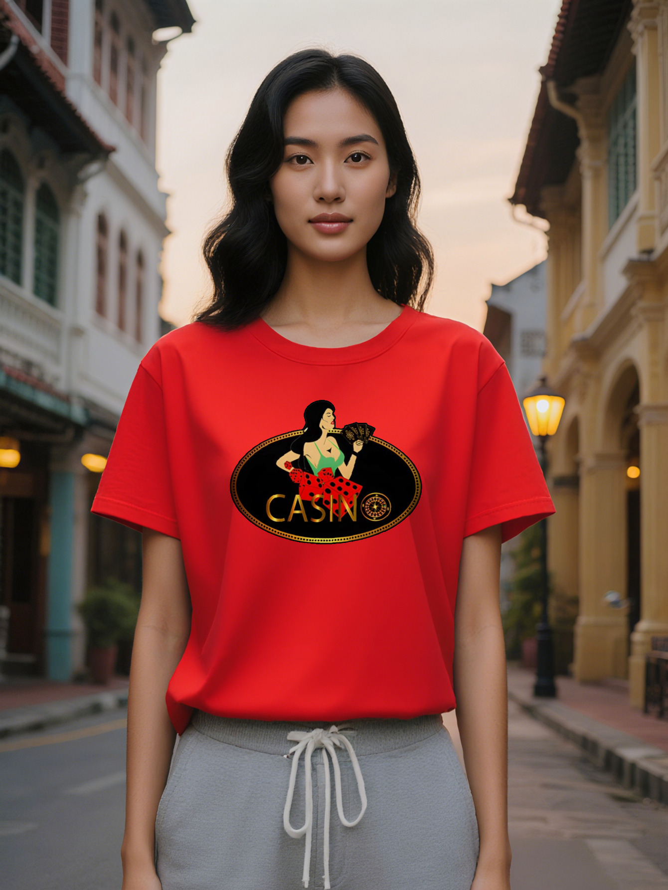 Style Lady Crew Neck T-Shirt with Poker Card Print, Slight Stretch Fabric, Regular Fit for Casual Attire, Summer Tee