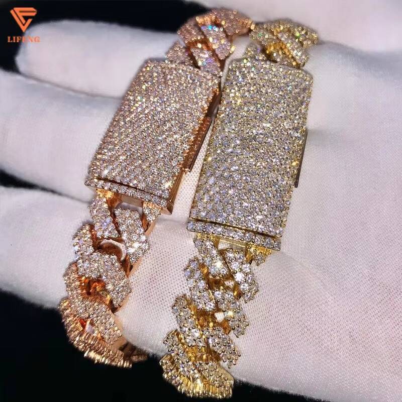 Lifeng Jewelry Miami Moissanite Cuban Link Chain Ice 2 Rows 3 Rows Men Women Sterling Silver Cuban Chain Bracelet