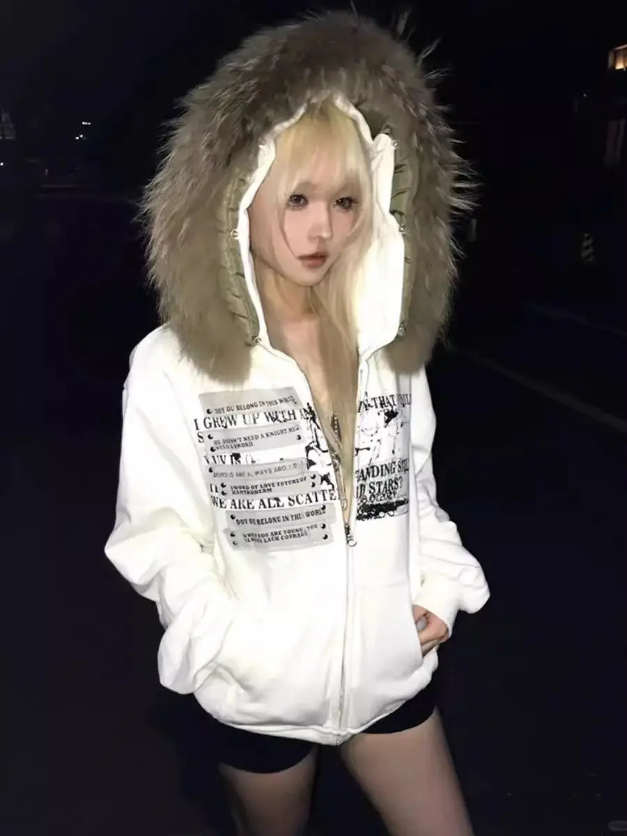 Vintage Y2k Letter Kawaii Hoodies Women Slim Top Harajuku Korean Hooded Winter Clothing 2000s Gothic High Street Zipper Hoody 250904