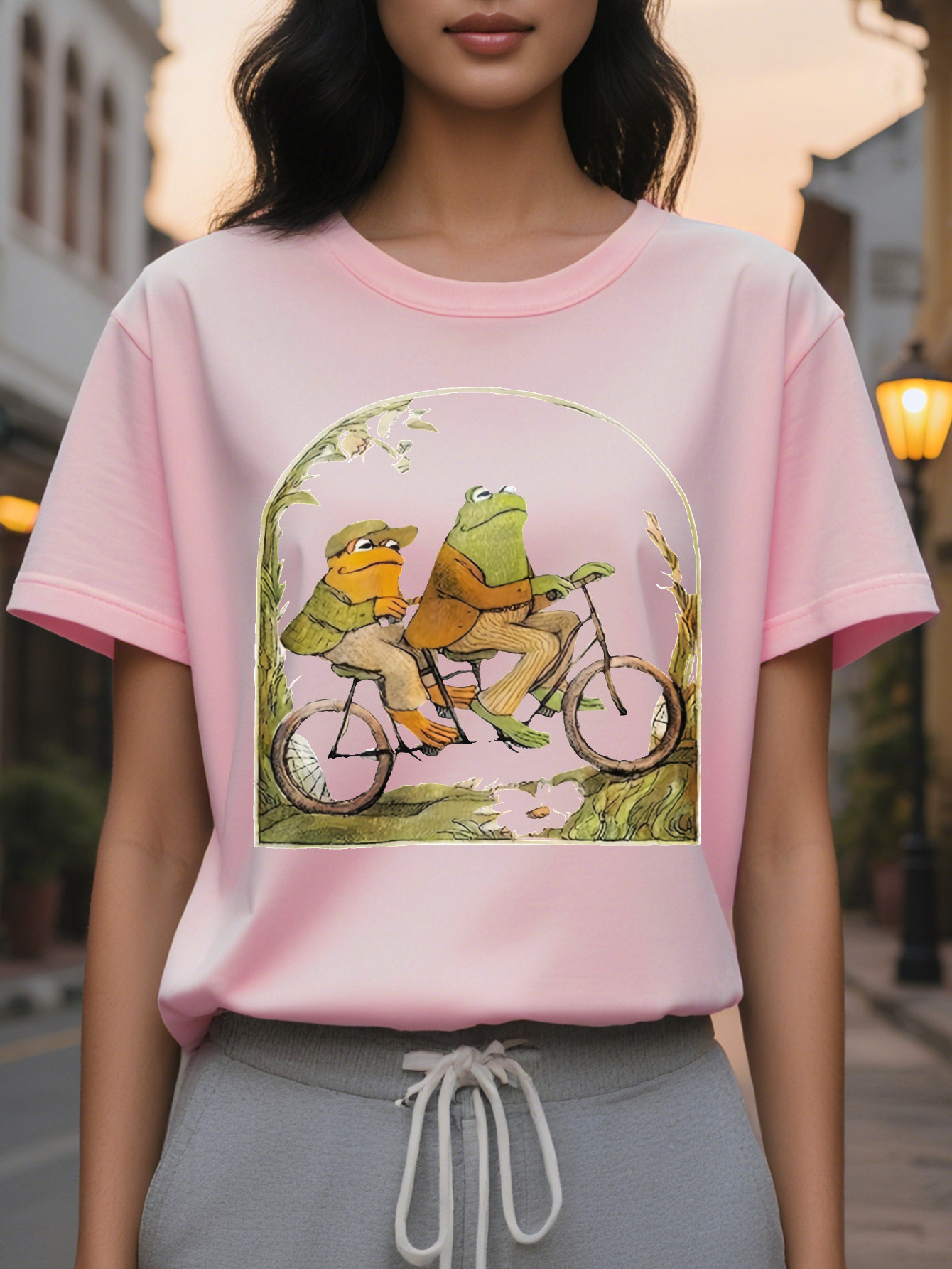 Cartoon Frog Print Crew Neck T-Shirt Casual Short Sleeve Top for Spring Summer Women's Clothing