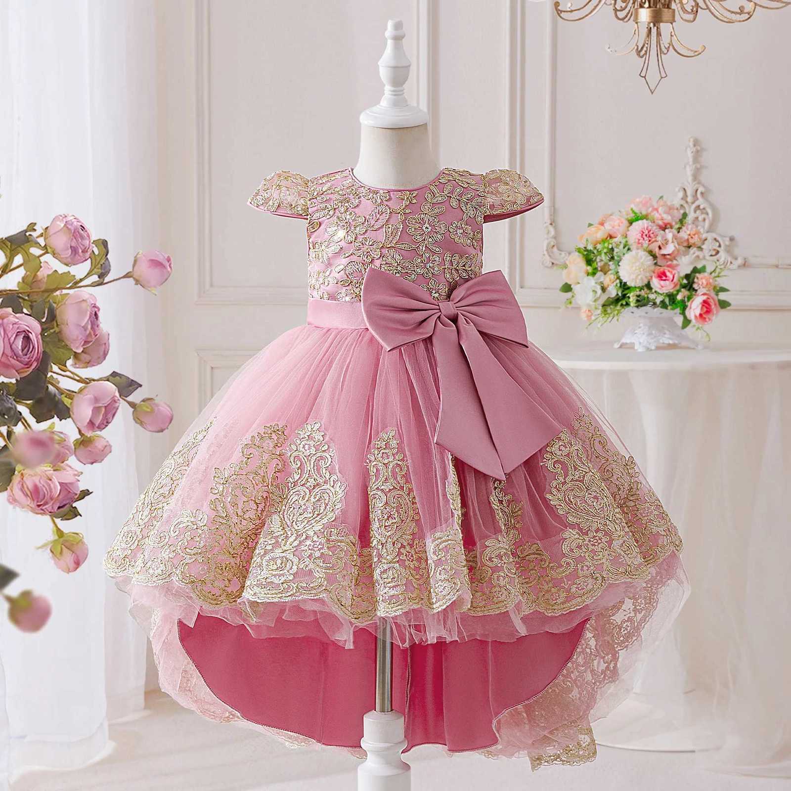 Elegant Embroidery Bow Bridesmaid Party Girls Dress with Trailing Flower Wedding Birthday Princess Dresses Girl Evening Prom Gowns Z250904