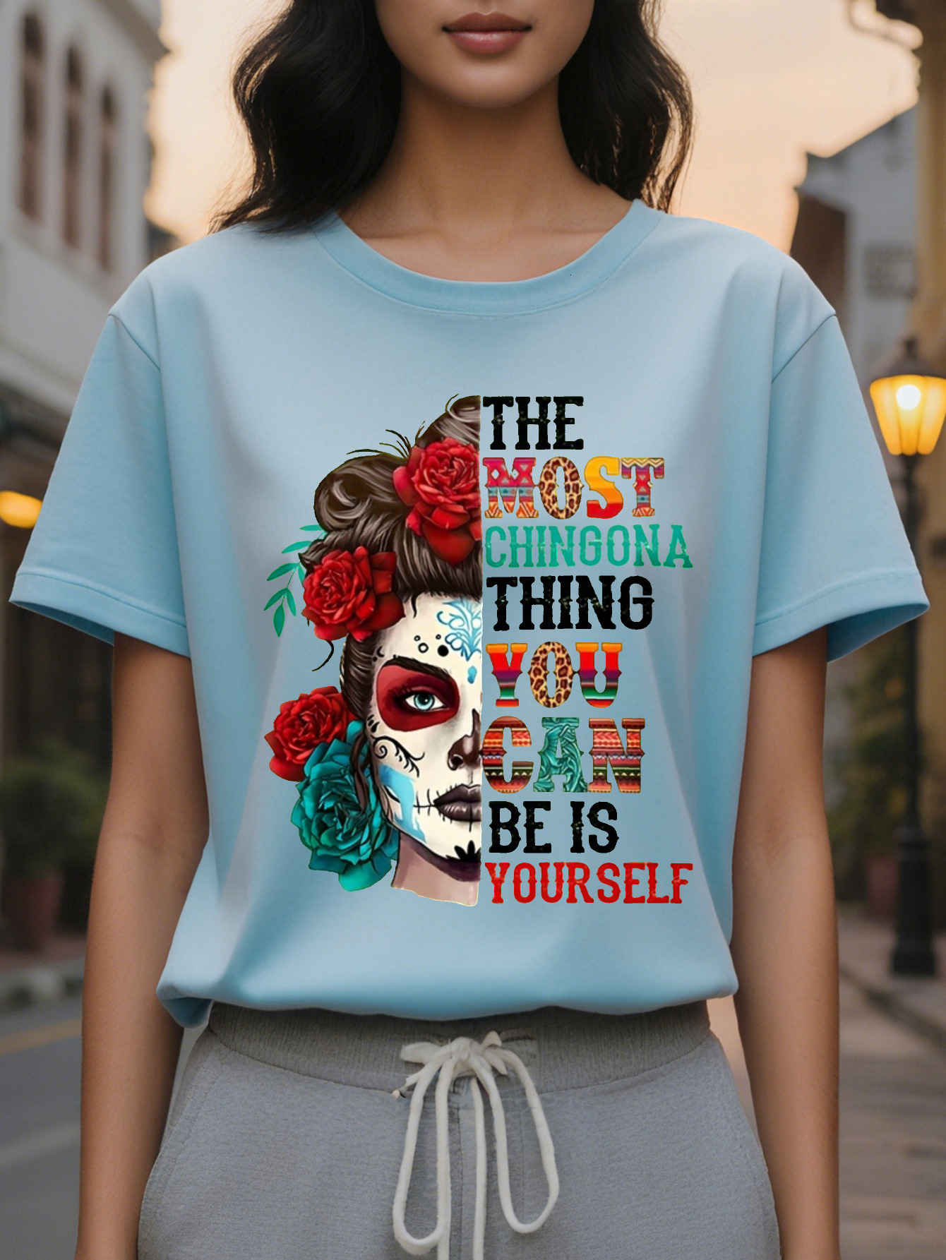 100% Cotton American Fashion Printed Round Neck Short Sleeve T-shirt Women's Spring and Summer New Slim Fit