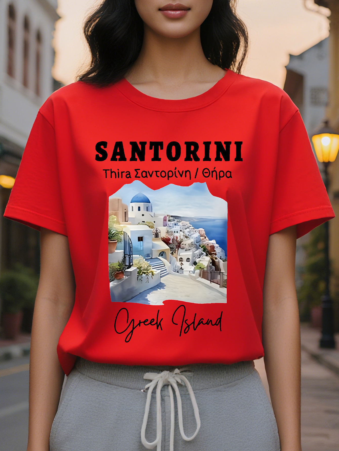 Women's Santorini Print T-Shirt Short Round Neck Casual Top Greek Island Translucent Summer Shotgun Washable
