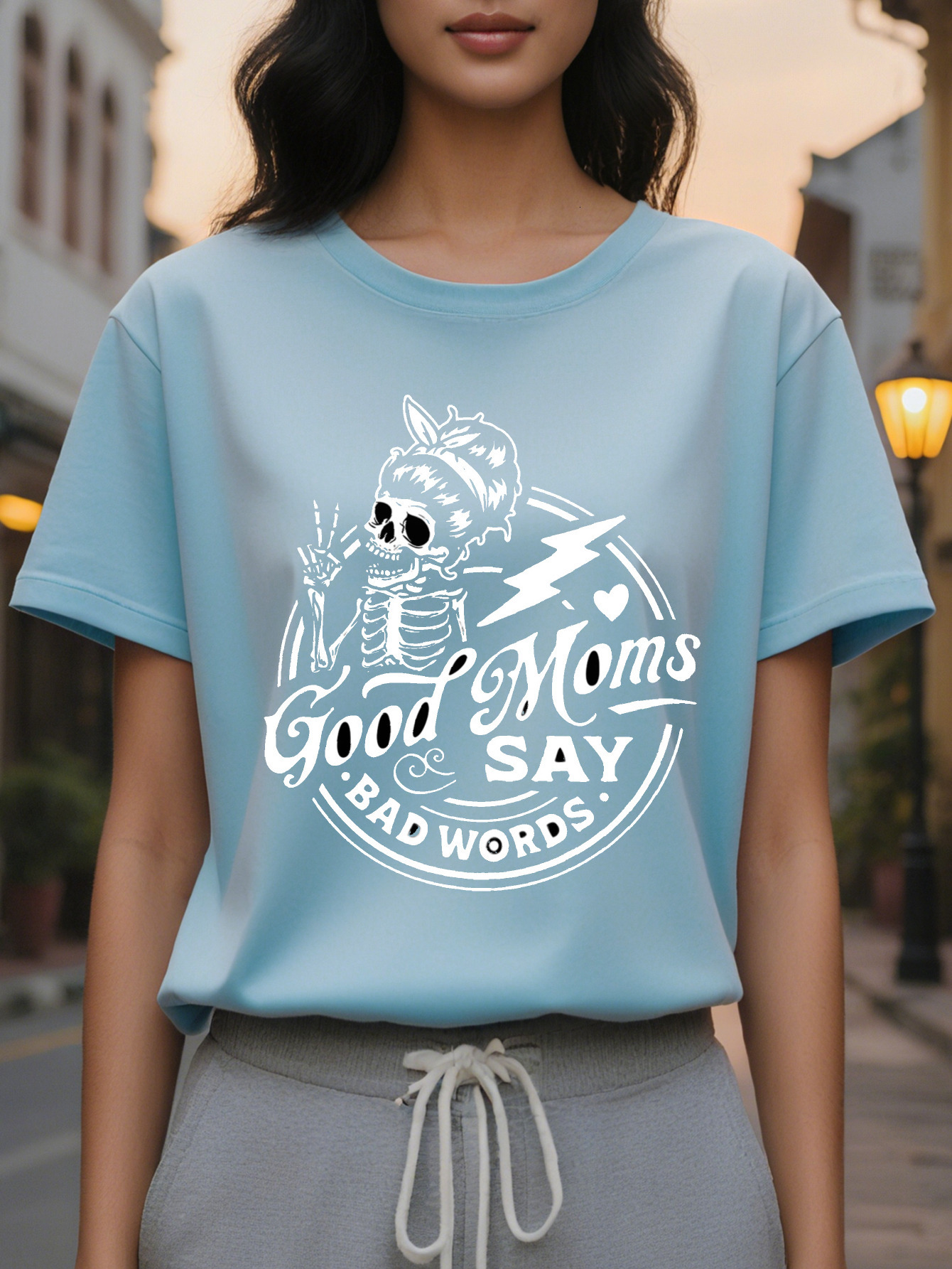 Women's Summer and Spring Casual Round Neck Short Sleeve T-Shirt Skull Print Top