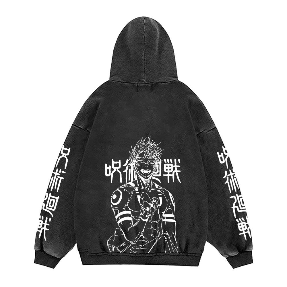 440g Heavyweight Washed Vintage Jujutsu Kaisen Print Street Retro Hoodie Streetwear Hooded Sweatshirt - VT2416