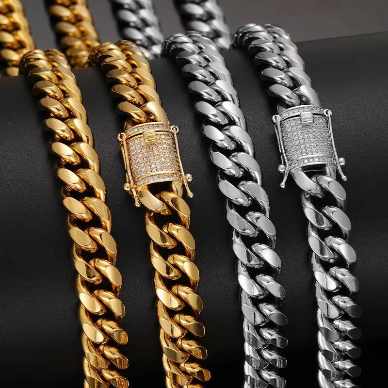 Fashion Mens 814mm Iced Out Cuban Necklace Luxury 18K PVD Gold Plated Stainless Steel Hip Hop Jewelry Miami Cuban Link Chain
