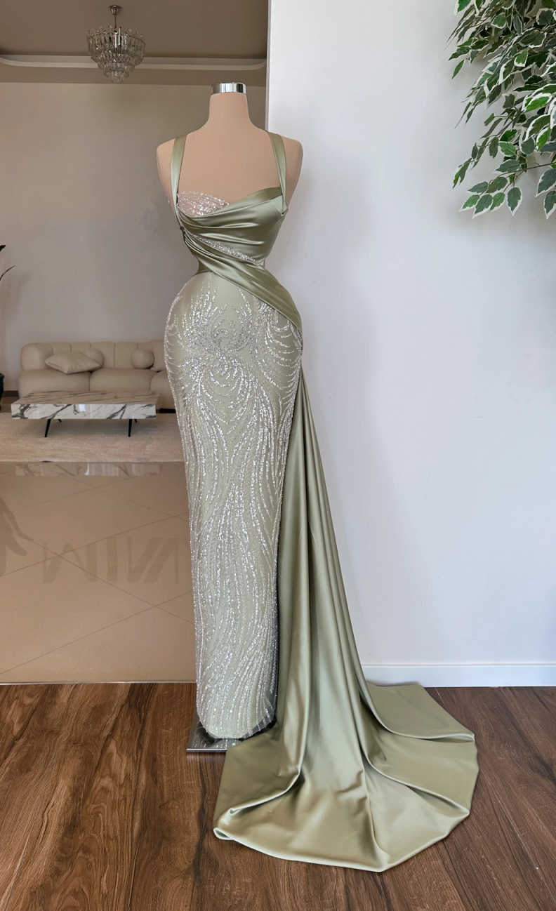 Green Prom Dresses Sleeveless Pleated Beaded Gown Evening Dress Women Party Prom Dresses Customized
