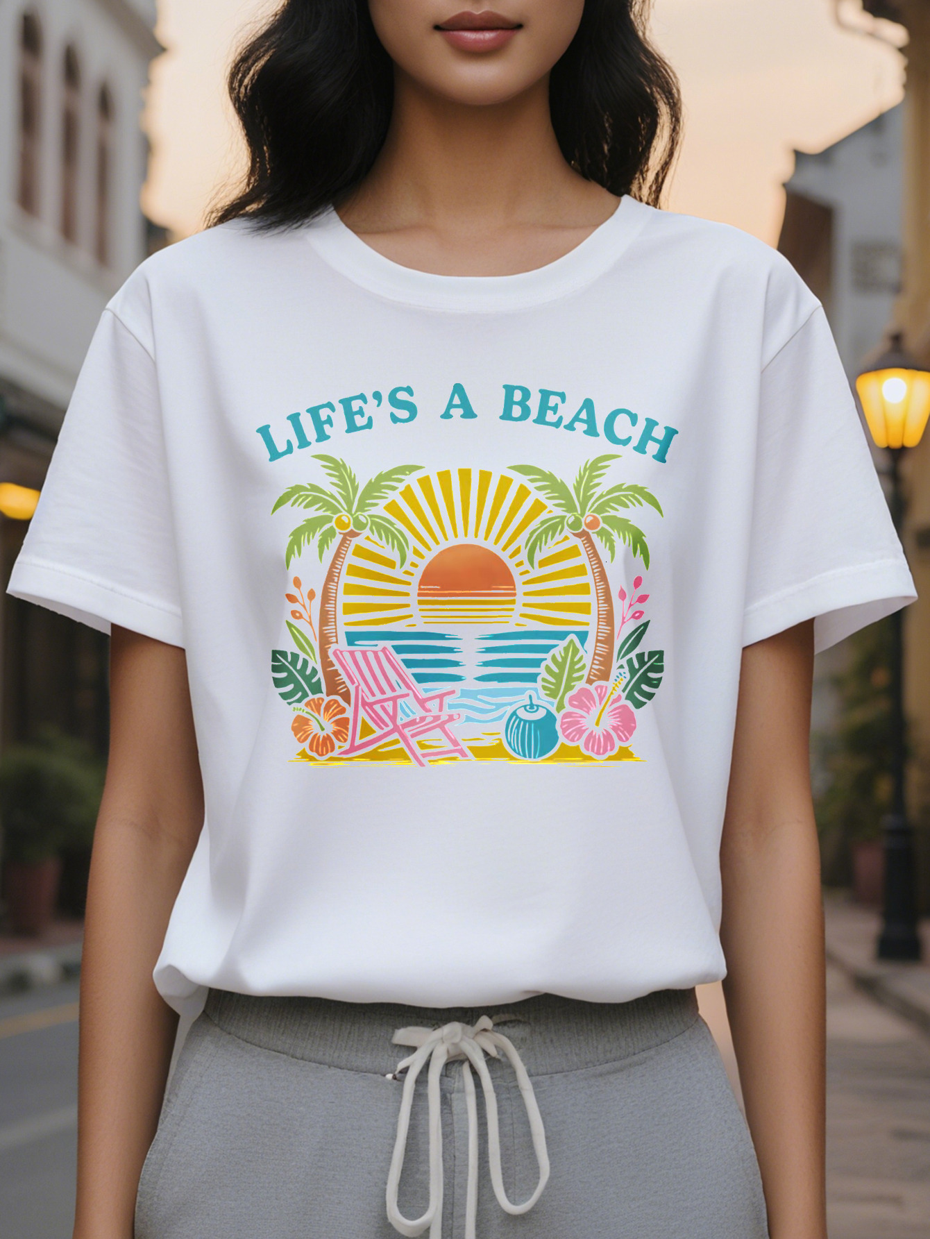 Women s Sleeve Pattern Sweatshirt White Beach Top with Tropical Palms Lounger and Citrus Fruit Medium Stretch Round