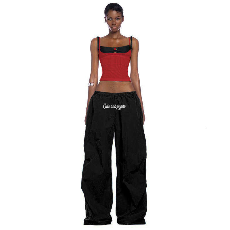 European and American Women's Elastic High Waist Letter Print Loose Casual Street Fashion Simple Versatile Woven Trousers