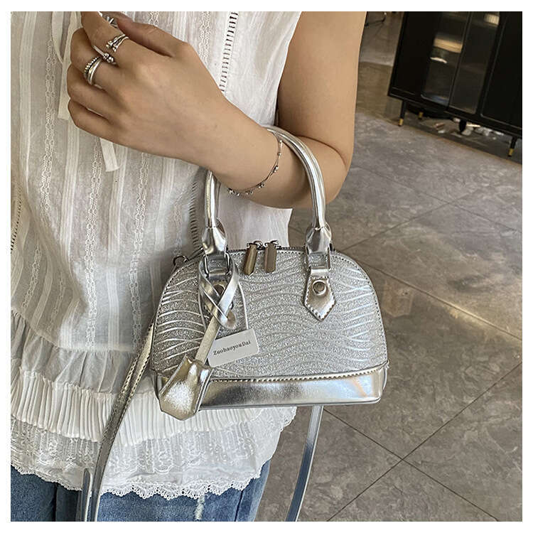 DHEssentials 2025 Women's Shelled PU Bag, Silver Tones, Zipper Top, Slim Design, Crossbody/Handheld, Summer Statement