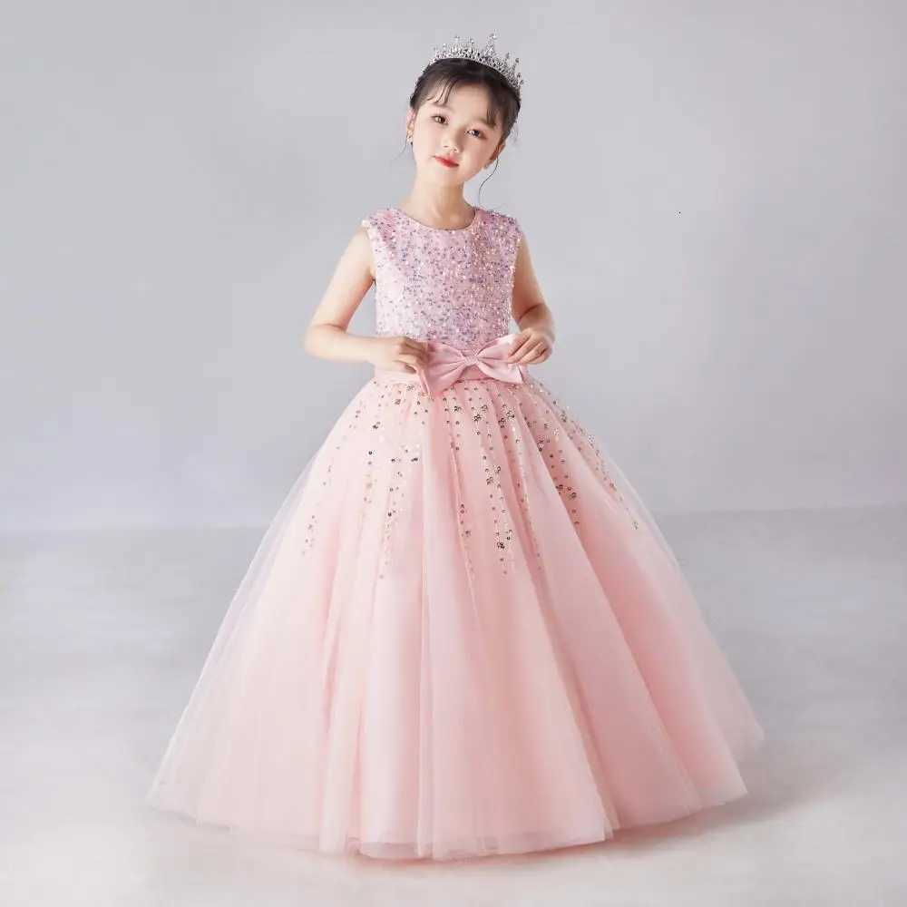 Girls Sleeveless Long Sequin Bow Mesh Princess Dress Piano Competition School Graduation Ceremony Fashionable Evening Gown Z250904