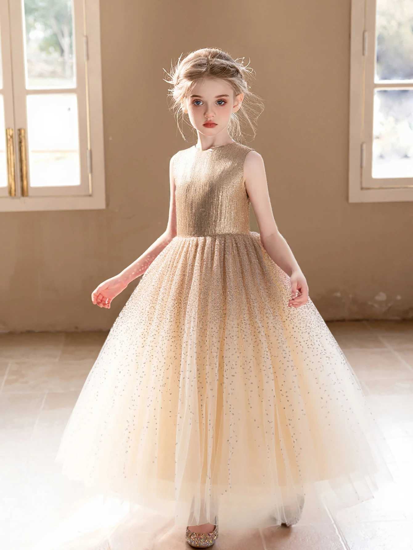Girl Princess Dress High-end Champagne Sequined Dress for Girls Wedding Birthday Party Puffy Gauze Skirt Bridesmaid Dresses Z250904