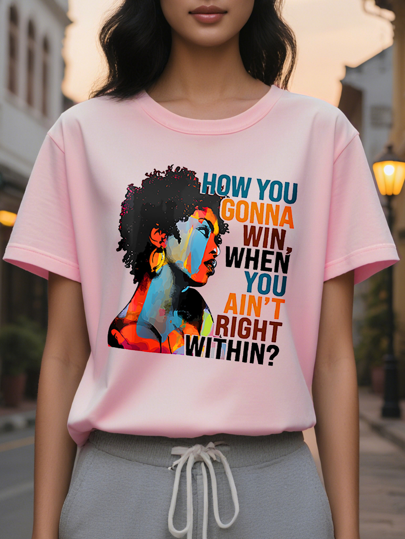 Large XL Women's Casual T-Shirt with Afro American Graffiti Portrait Print Cotton Knit Fabric Round Neck Regular Fit for Plus Size