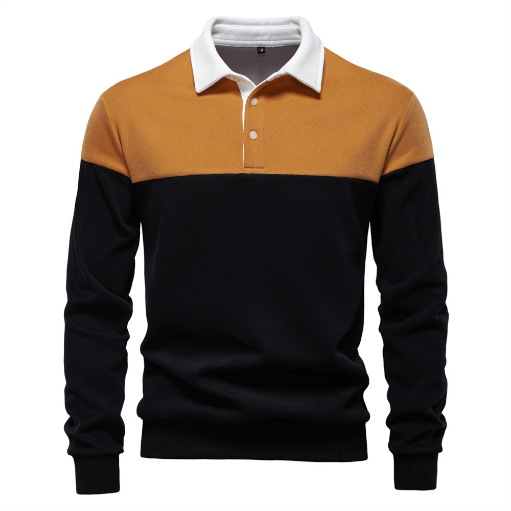 Men's Loose-Fit Polo Collar Pullover Hoodie with Color Block Design for Outdoor Fall Activities