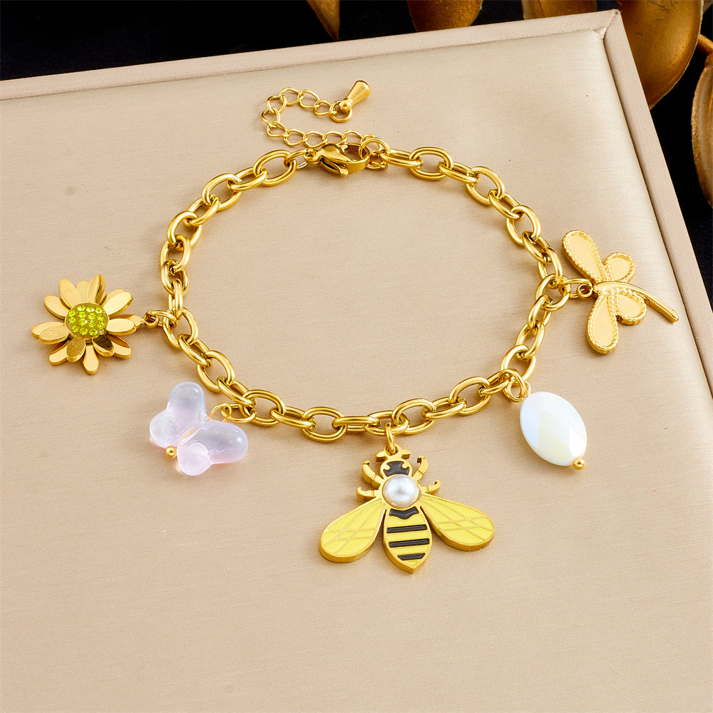 New Gold-Plated Multi-Element Accessories Insect Animal Pendant Butterfly Bee Flower Stainless Steel Chain Bracelet