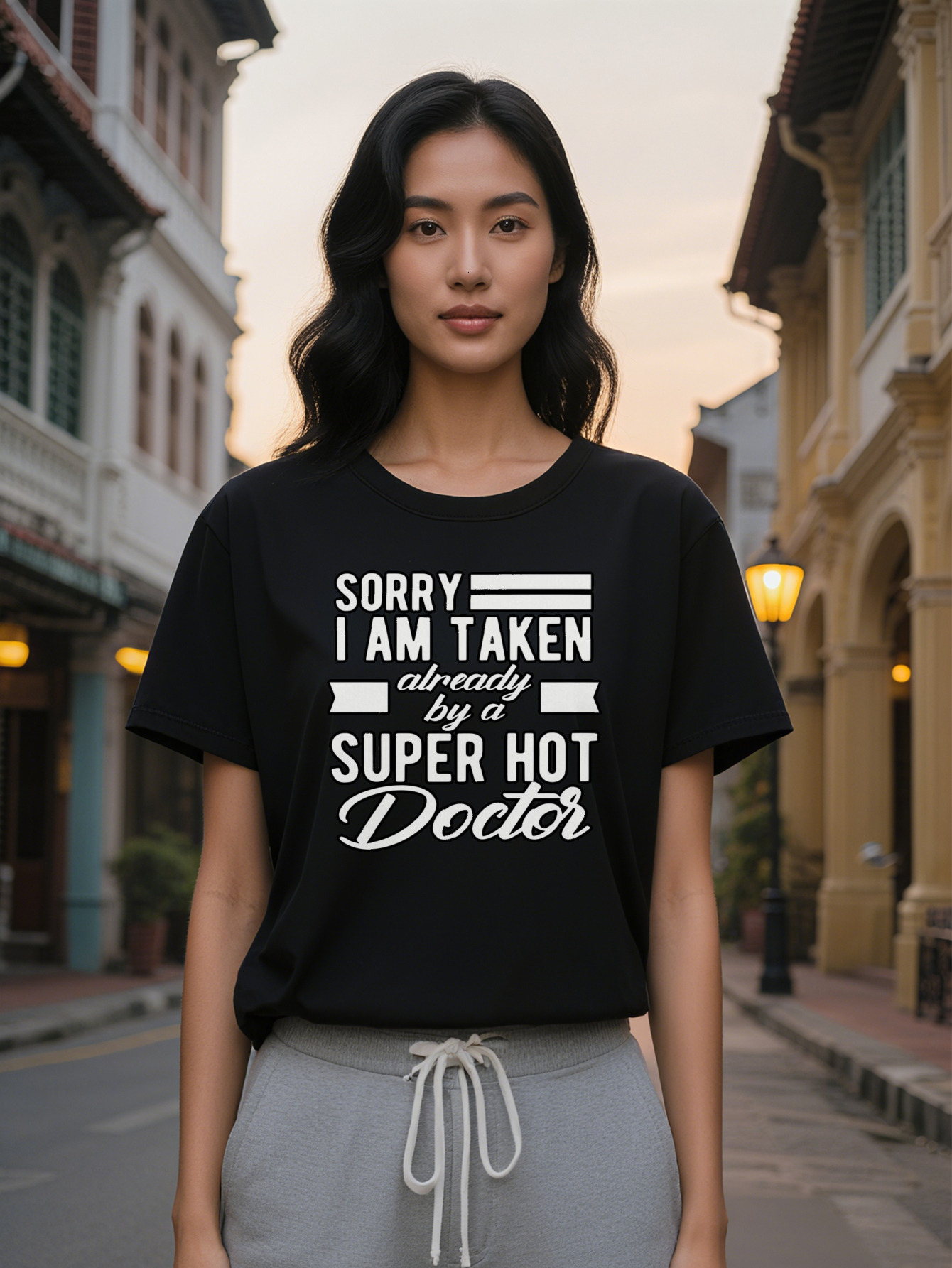 Large XL Crew Neck T-Shirt with 'Sorry I am already taken by a hot doctor' Print Black Short Sleeve Graphic Tee Summer Casual Plus Size