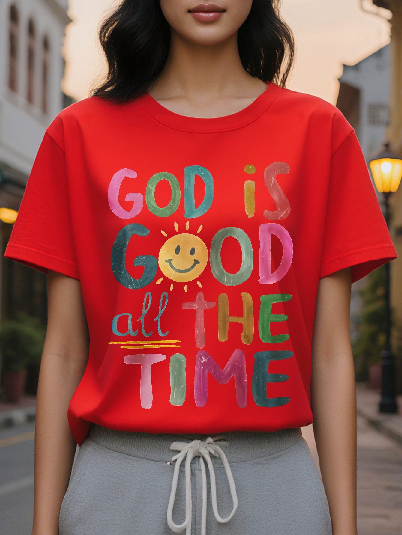 Large XL Women's Beige Inspirational God is Good All The Time Christian Sweatshirt Soft Round Neck Casual Pullover with Plus Size