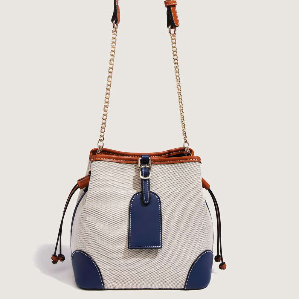 2025 Summer New Patchwork Bucket Bag Women's Cross Border Trend Large Capacity Fashion Chain Single Shoulder Crossbody Bag Blue