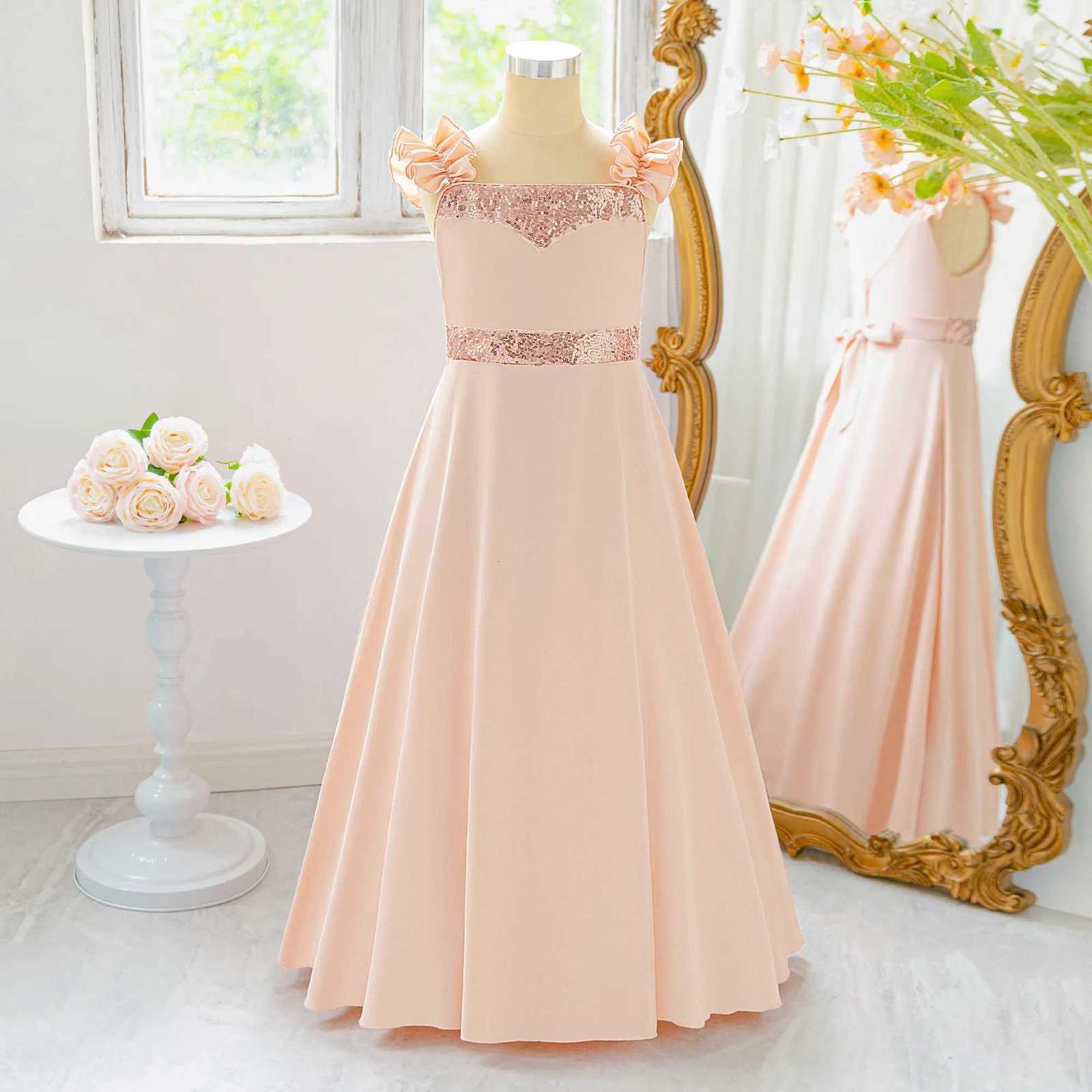 Elegant Bridesmaid Party Girls Dress Bow Sequin Wedding Birthday Princess Prom Dress for Girl Gala Baptism Pageant Gown Costumes Z250904