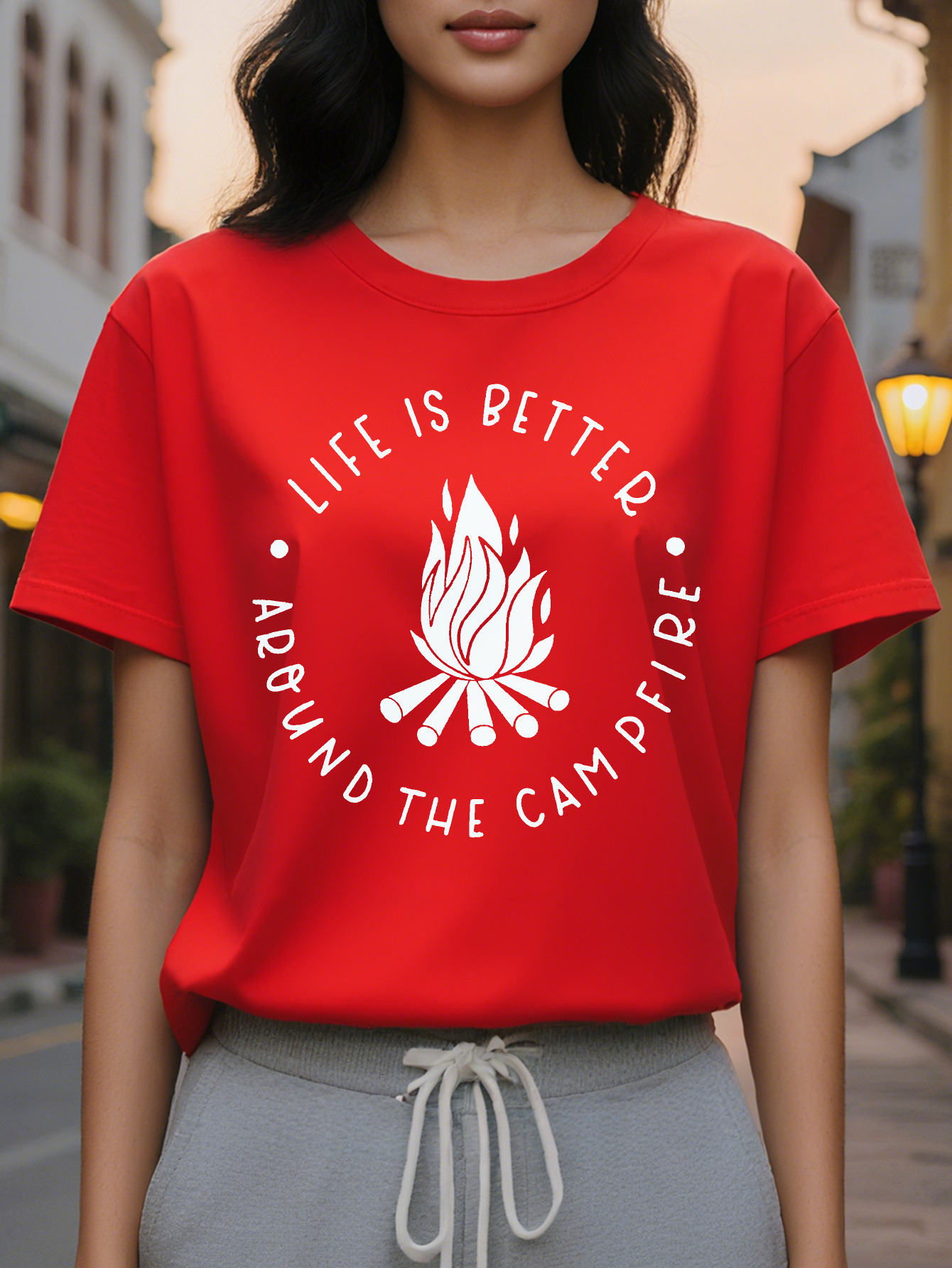 Large XL Women's Camping Graphic T-Shirt Olive Green Round Neck Tee Breathable Medium Stretch Fabric High Washable Life Plus Size