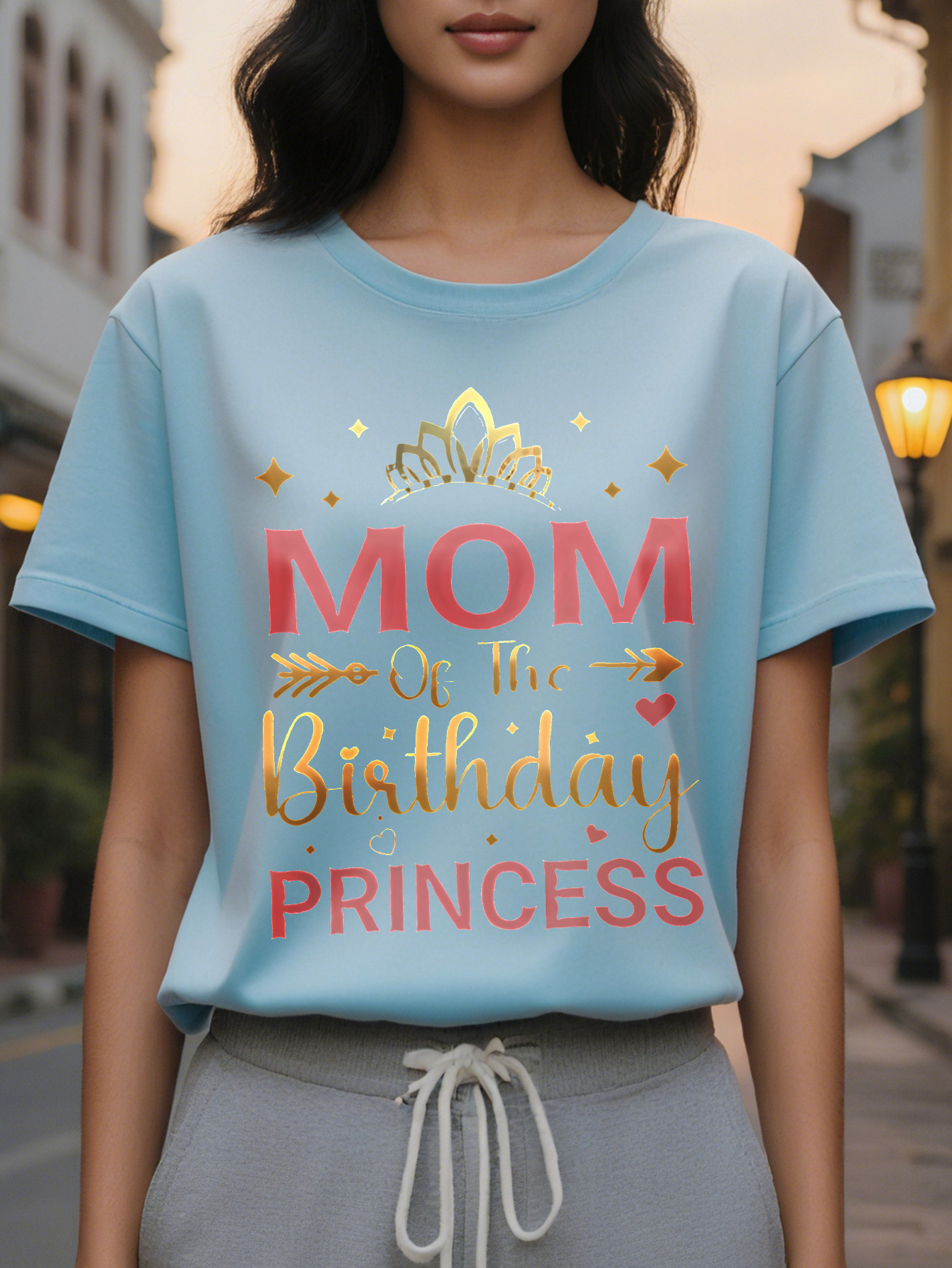 Large XL Women's Short Sleeve Crew Neck T-Shirt Mom Birthday Princess Crown Letter Print Black with Pink Golden Accents Plus Size