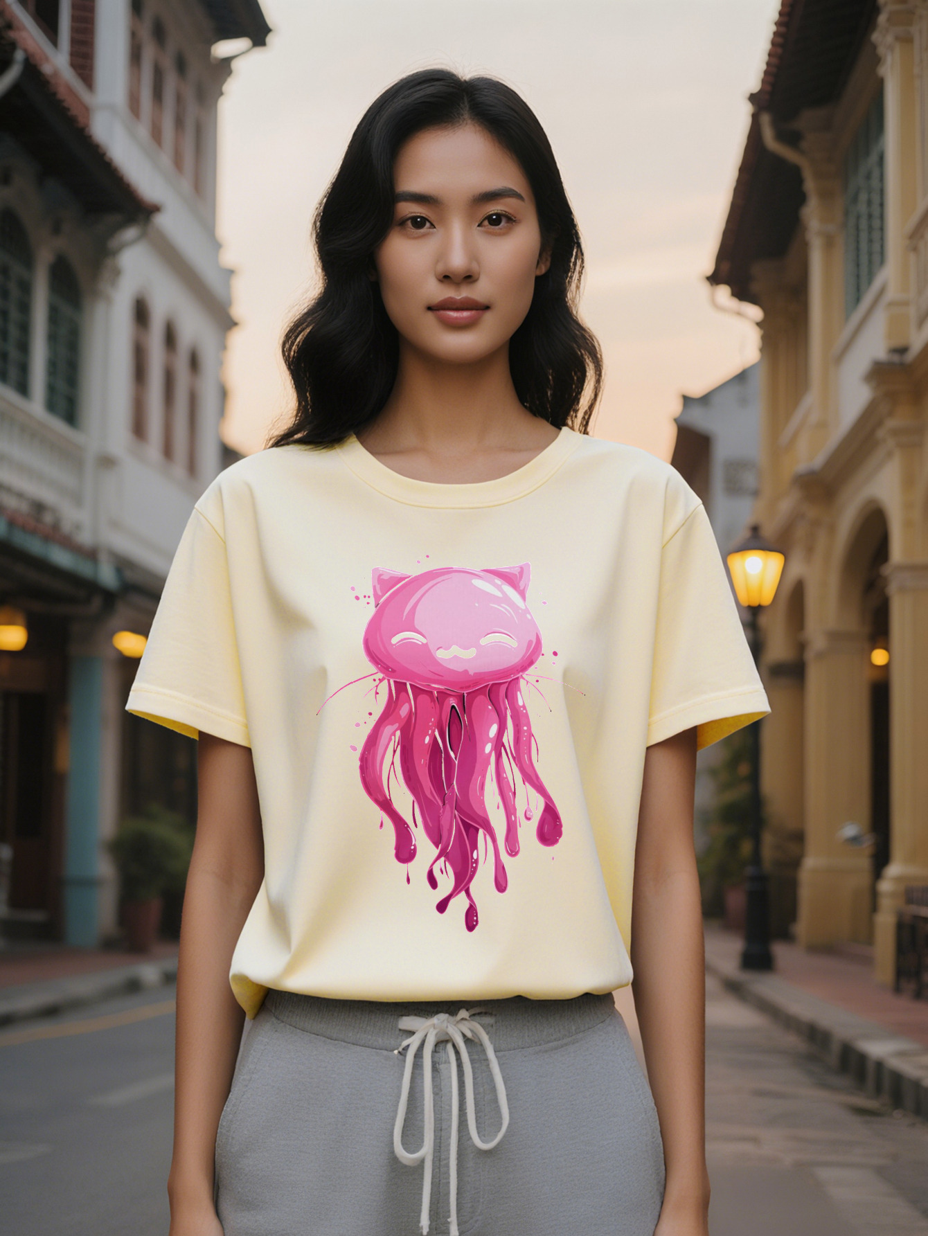 Lady Casual Crew T-Shirt with Unique Pink Jellyfish Cat Print Soft Fabric Round Neck Short Sleeve Summer