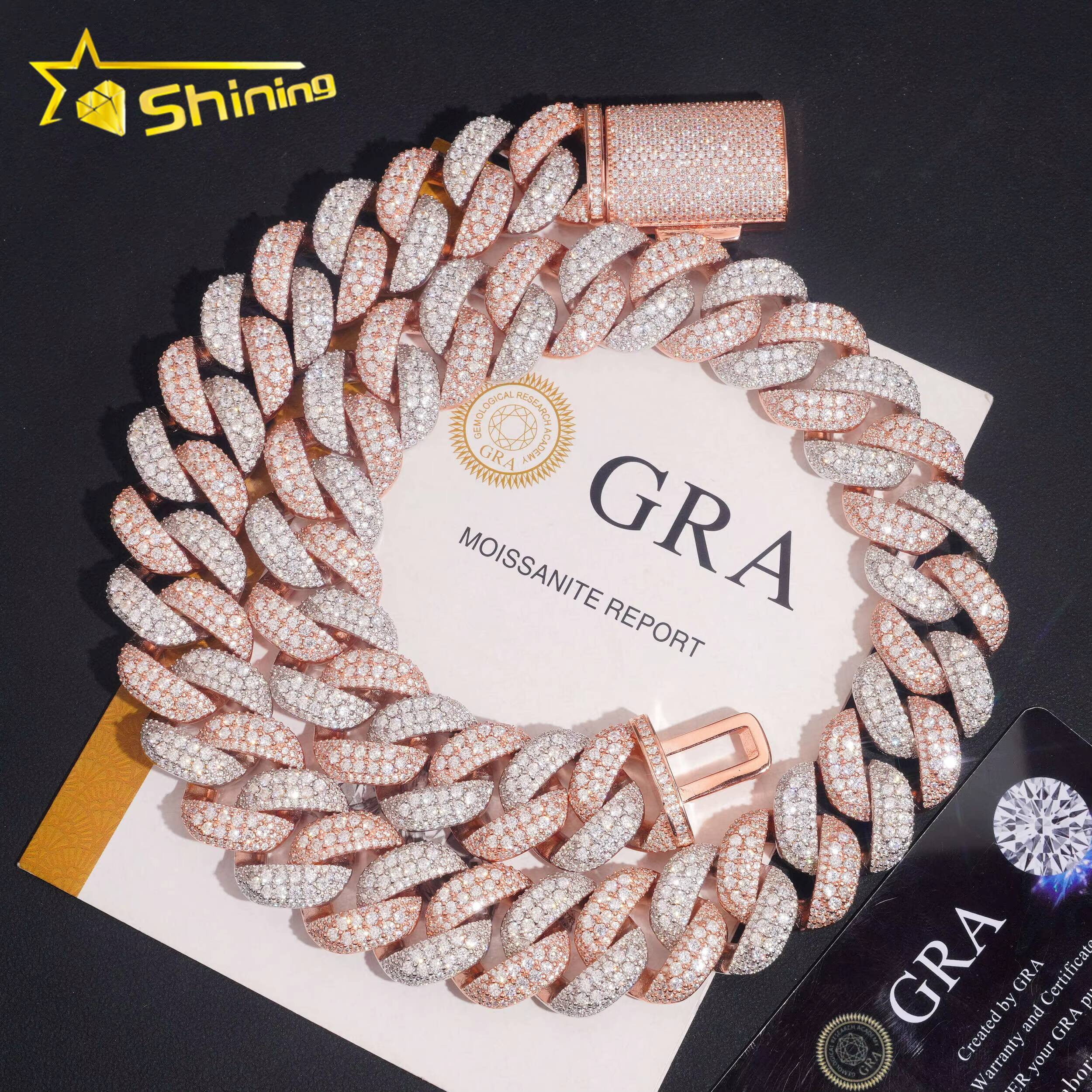 Luxury 22mm Two Tone Necklace Chain Pass Tester VVS Moissanite 925 Silver Gold Plated Hip Hop Iced Out Cuban Link Chain